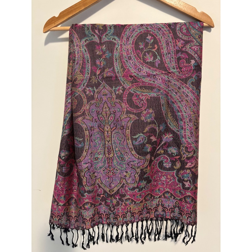 Pashmina 100% Pashmina Scarf Magenta Purple Paisley Floral Fringed Shawl Wrap - Picture 2 of 5